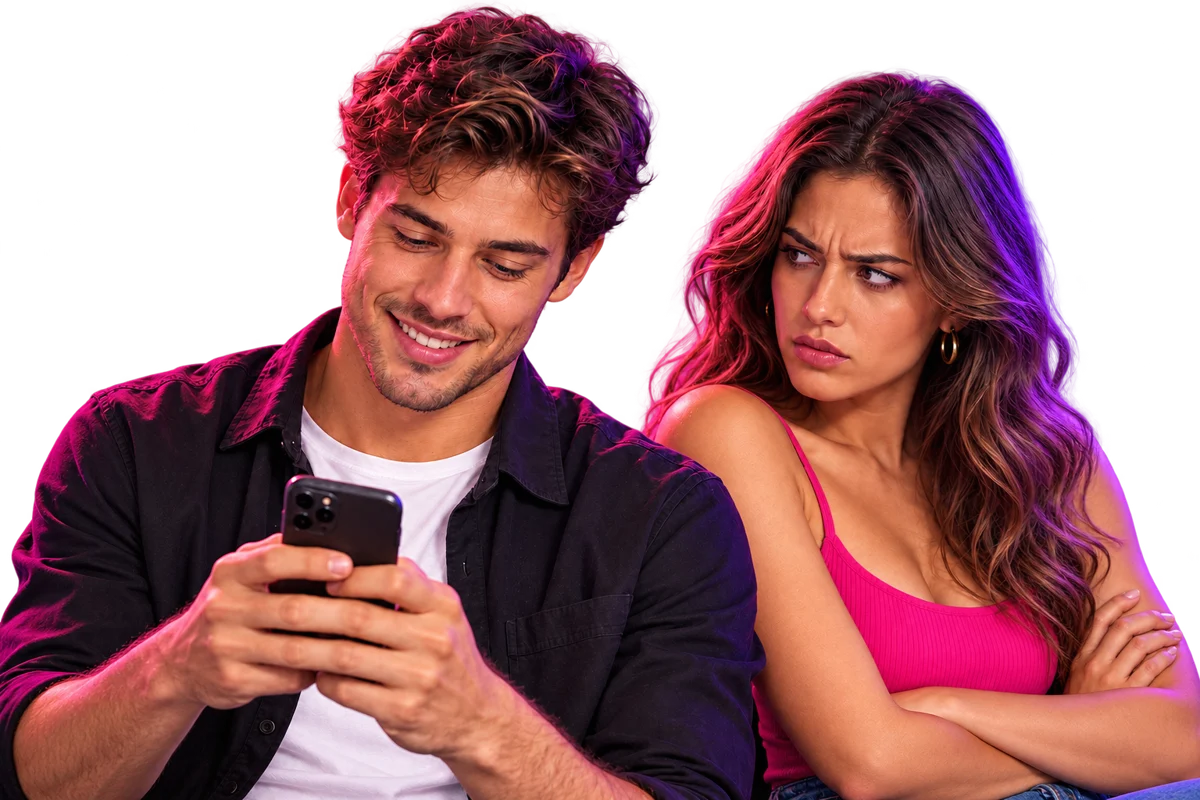 A couple looking at a phone, with one partner appearing unsure